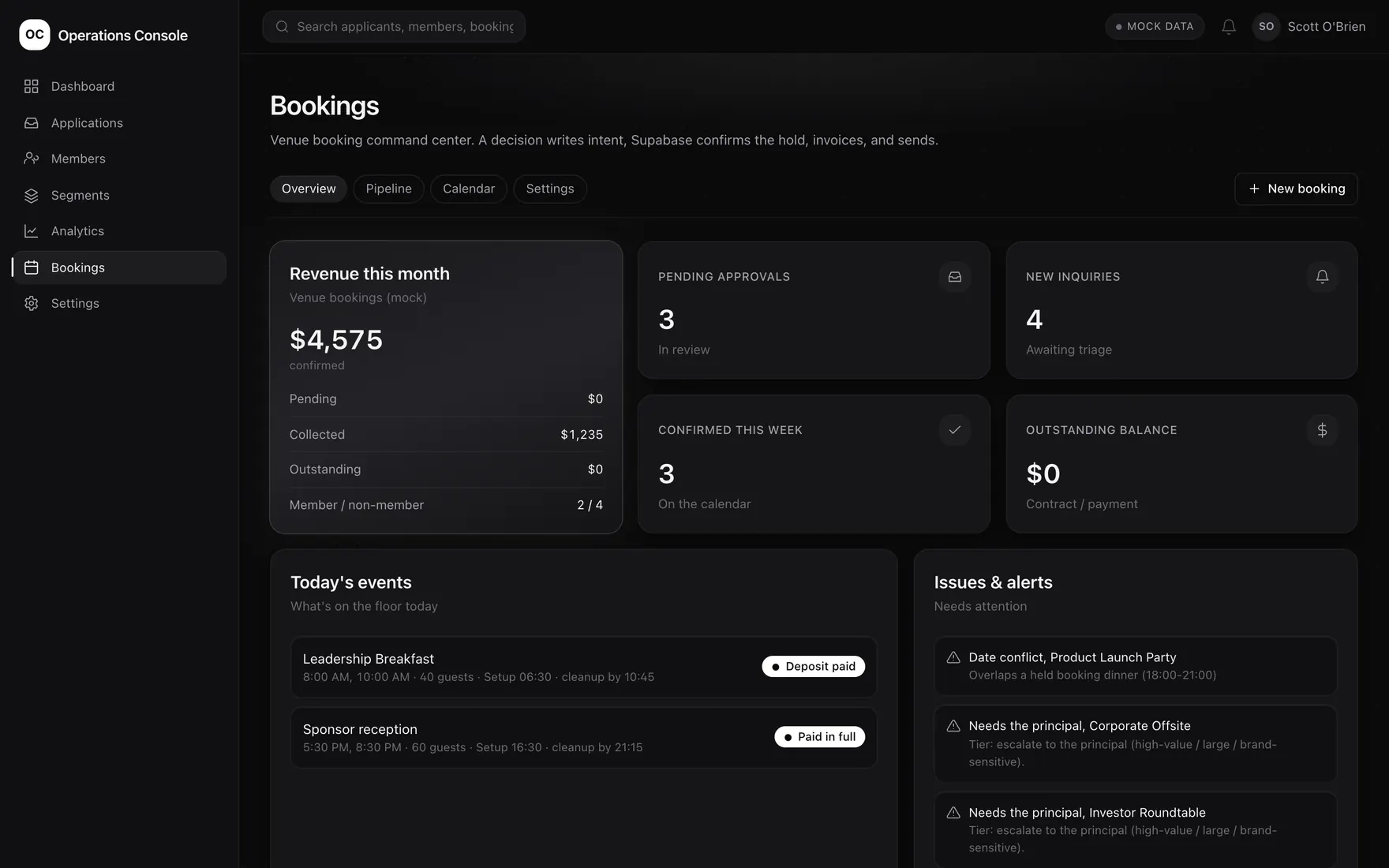 A venue booking console showing revenue for the month, pending approvals, today's events with setup and cleanup windows, and an alerts panel flagging a date conflict between two bookings.