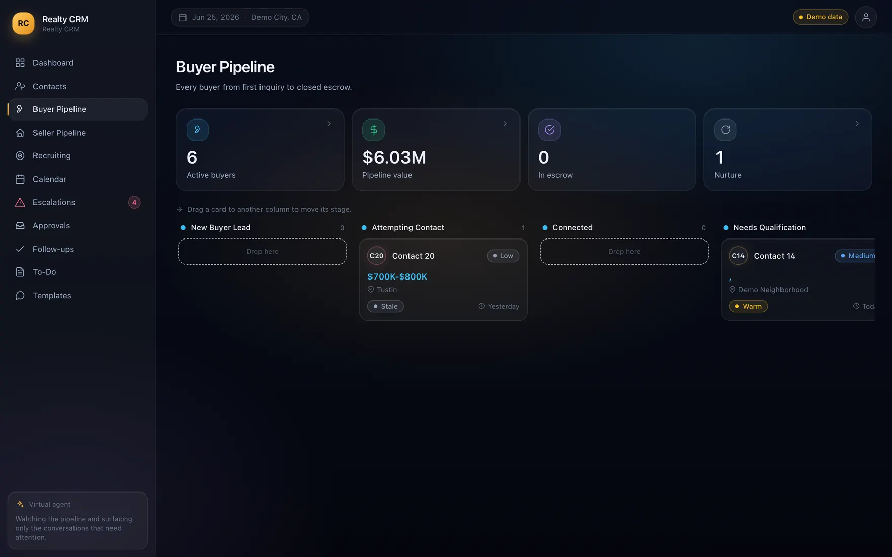 A buyer pipeline board with deals grouped by stage.